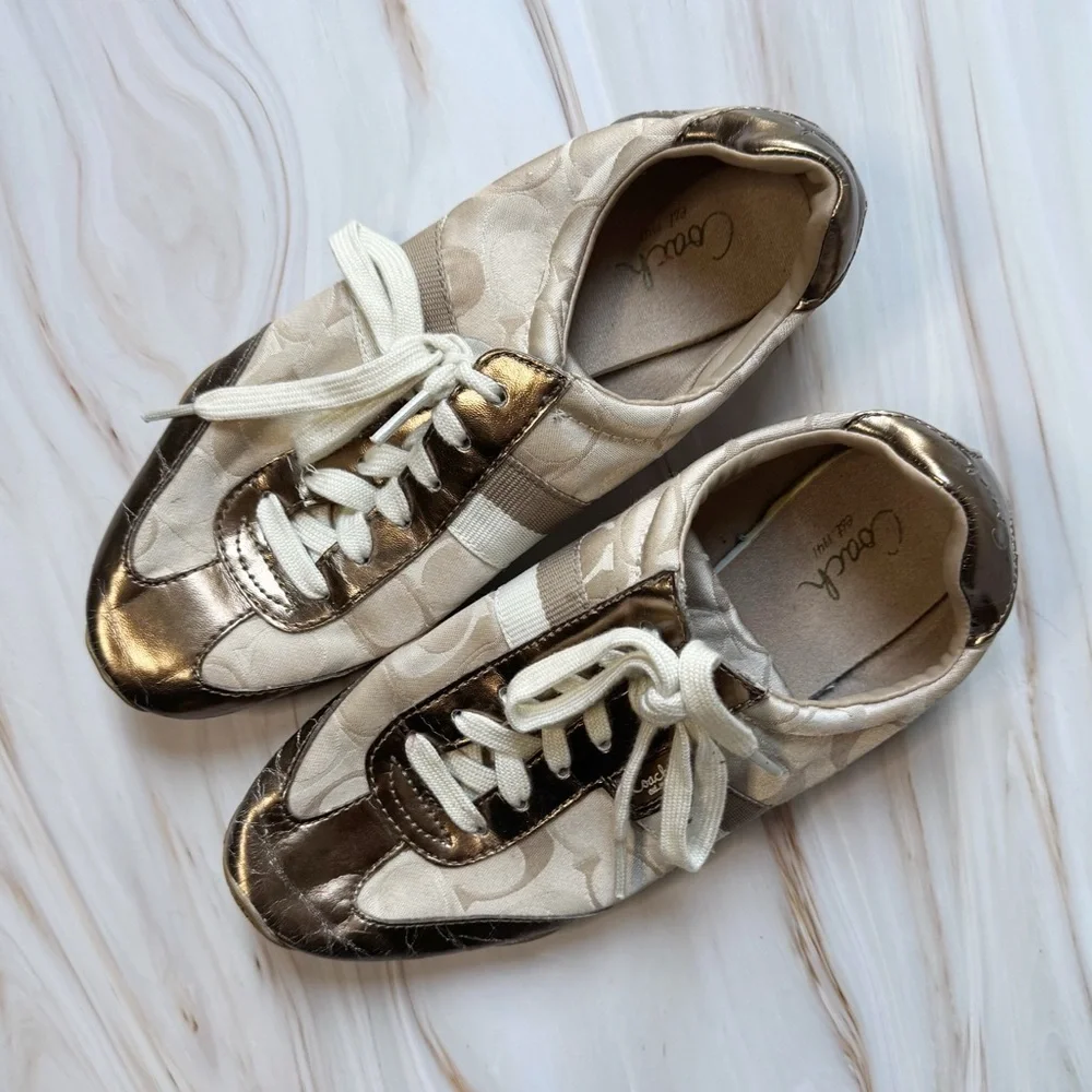 Coach Kinsley Signature Sneakers Metallic Gold Cream Shoes Women’s 7.5 Classic